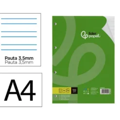 RECAMBIO LIDERPAPEL A4 100 HOJAS 100G/M2 PAUTA 4 3,5MM CON MARGEN 4 TALADROS