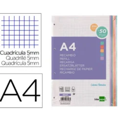 RECAMBIO LIDERPAPEL A4 200+50 HOJAS 90G/M2 CUADRO 5 MM 4 TALADROS BANDAS DE 5 COLORES