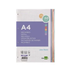 RECAMBIO LIDERPAPEL A4 200+50 HOJAS 90G/M2 CUADRO 5 MM 4 TALADROS BANDAS DE 5 COLORES