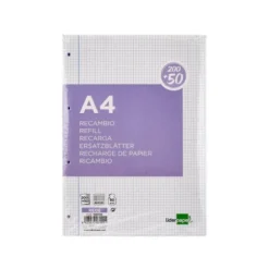 RECAMBIO LIDERPAPEL A4 200+50 HOJAS 90G/M2 CUADRO 4 MM CON MARGEN 4 TALADROS
