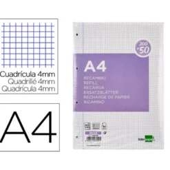 RECAMBIO LIDERPAPEL A4 200+50 HOJAS 90G/M2 CUADRO 4 MM CON MARGEN 4 TALADROS