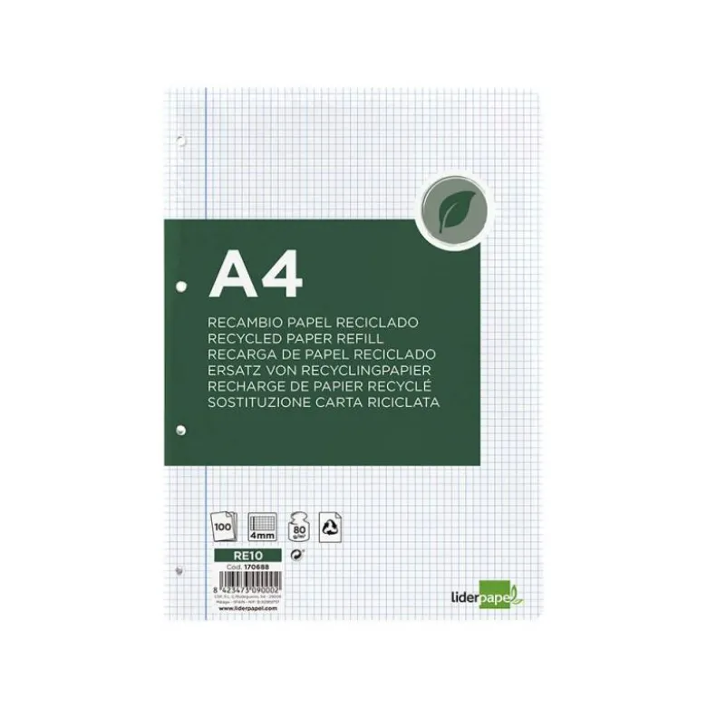 RECAMBIO LIDERPAPEL A4 100 HOJAS PAPEL RECICLADO 100% 80G/M2 CUADRO 4MM CON MARGEN 4 TALADROS