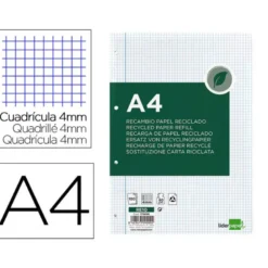 RECAMBIO LIDERPAPEL A4 100 HOJAS PAPEL RECICLADO 100% 80G/M2 CUADRO 4MM CON MARGEN 4 TALADROS