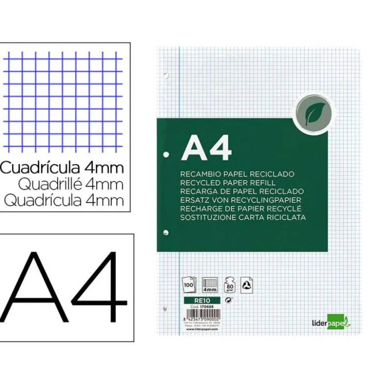 RECAMBIO LIDERPAPEL A4 100 HOJAS PAPEL RECICLADO 100% 80G/M2 CUADRO 4MM CON MARGEN 4 TALADROS