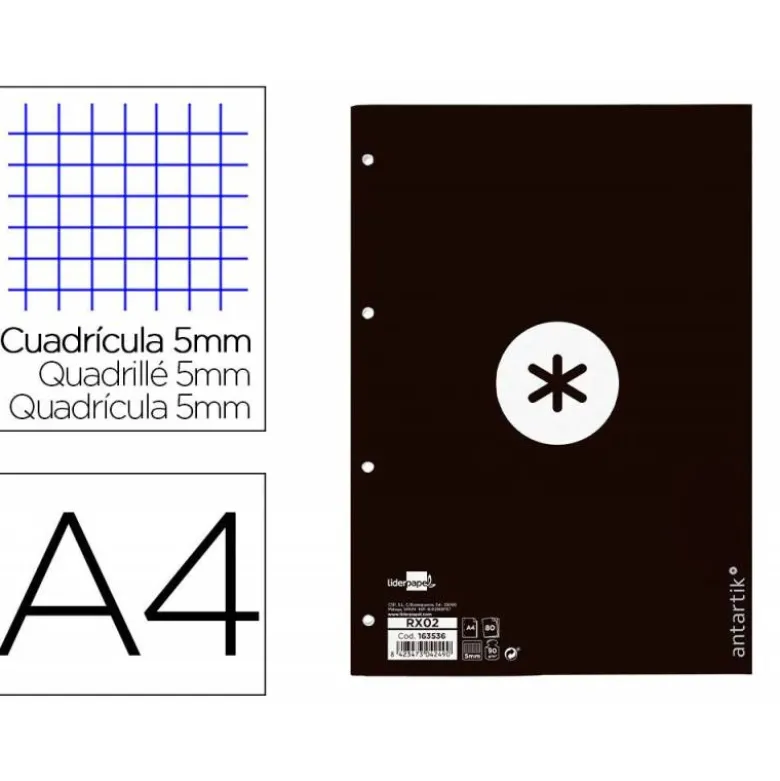 RECAMBIO LIDERPAPEL ANTARTIK DIN A4 4 TALADROS 90G/M2 CUADRO 5 MM 80 HOJAS 1 BANDA MARCO COLOR NEGRO