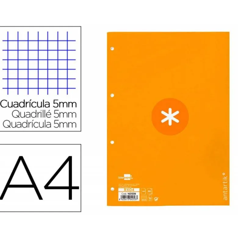 RECAMBIO LIDERPAPEL ANTARTIK DIN A4 4 TALADROS 90G/M2 CUADRO 5 MM 80 HOJAS 1 BANDA MARCO COLOR MOSTAZA