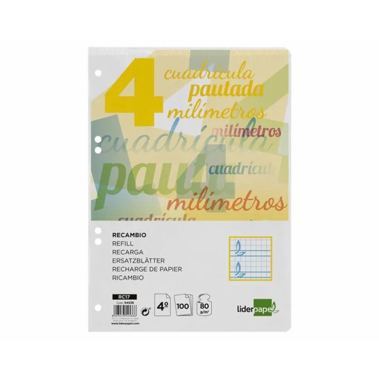Recambio Liderpapel cuarto cuadriculado 4mm