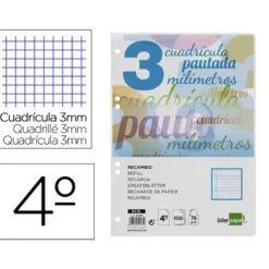 Recambio Liderpapel cuarto 6 taladros 70 gr cuadriculado pautado 3 mm