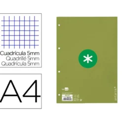 RECAMBIO LIDERPAPEL DIN A4 ANTARTIK 80 HOJAS 90G/M2 CUADRO 5MM 4 TALADROS 1 BANDA CON MARCO COLOR VERDE