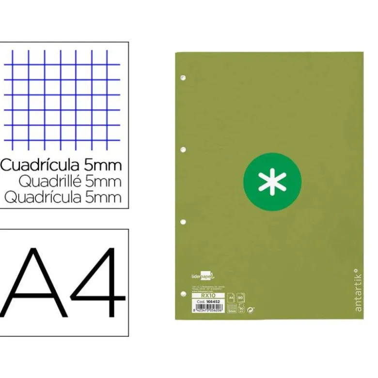 RECAMBIO LIDERPAPEL DIN A4 ANTARTIK 80 HOJAS 90G/M2 CUADRO 5MM 4 TALADROS 1 BANDA CON MARCO COLOR VERDE