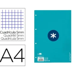 RECAMBIO LIDERPAPEL DIN A4 ANTARTIK 80 HOJAS 90G/M2 CUADRO 5MM 4 TALADROS 1 BANDA CON MARCO COLOR TURQUESA