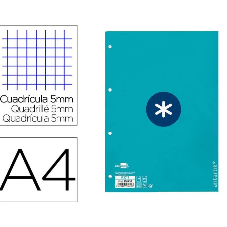 RECAMBIO LIDERPAPEL DIN A4 ANTARTIK 80 HOJAS 90G/M2 CUADRO 5MM 4 TALADROS 1 BANDA CON MARCO COLOR TURQUESA