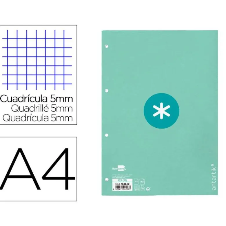 RECAMBIO LIDERPAPEL DIN A4 ANTARTIK 80 HOJAS 90G/M2 CUADRO 5 MM 4 TALADROS 1 BANDA MARCO COLOR MENTA
