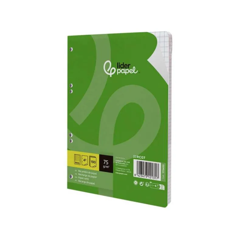 RECAMBIO LIDERPAPEL DIN A5 100 HOJAS 75 GR CUADRO 6MM CON MARGEN 6 TALADROS