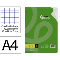 RECAMBIO LIDERPAPEL DIN A4 100 HOJAS 75 GR CUADRO 6 MM 4 TALADROS CON MARGEN