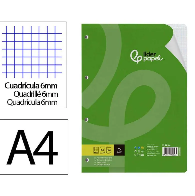 RECAMBIO LIDERPAPEL DIN A4 100 HOJAS 75 GR CUADRO 6 MM 4 TALADROS CON MARGEN