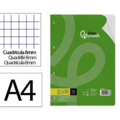 RECAMBIO LIDERPAPEL DIN A4 100 HOJAS 75 GR CUADRO 8 MM CON MARGEN 4 TALADROS