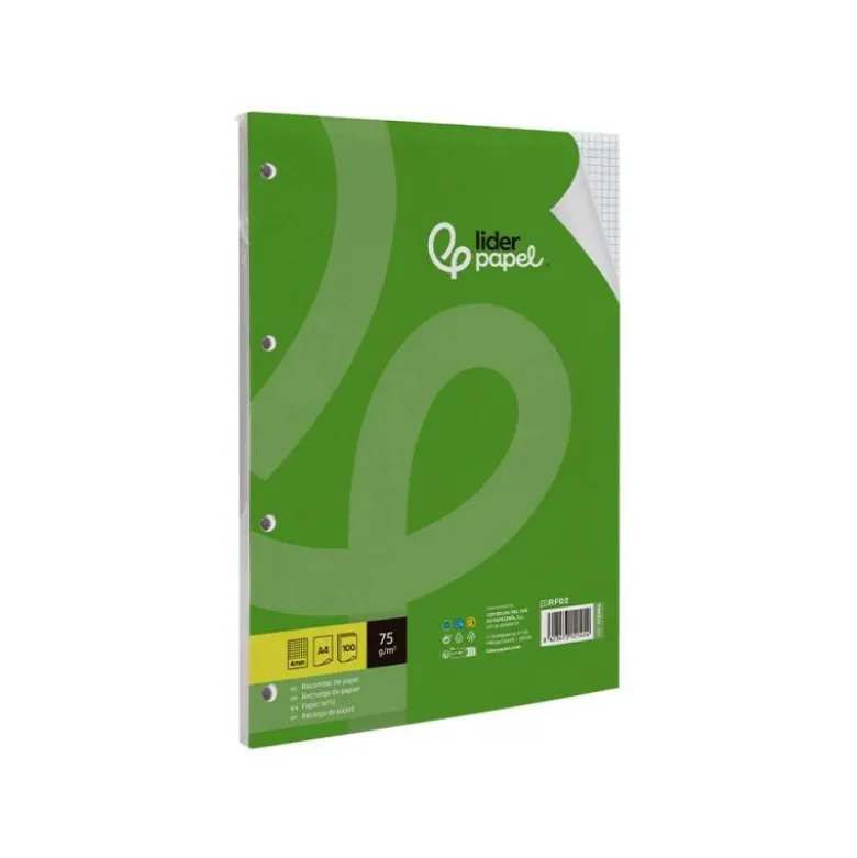 RECAMBIO LIDERPAPEL DIN A4 100 HOJAS 75 GR CUADRO 4 MM CON MARGEN SIN TALADROS