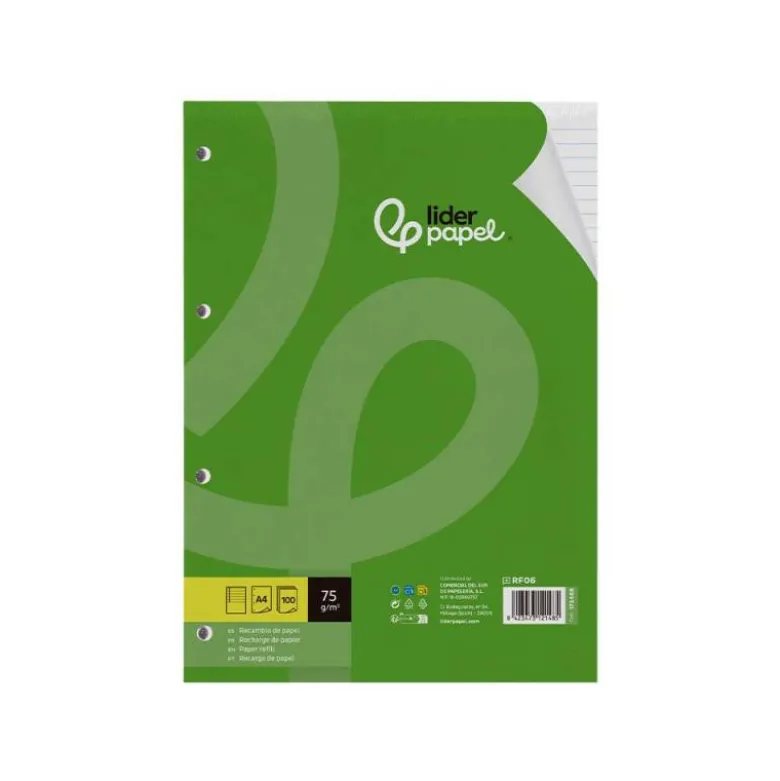 RECAMBIO LIDERPAPEL DIN A4 100 HOJAS 75 GR HORIZONTAL CON MARGEN 4 TALADROS