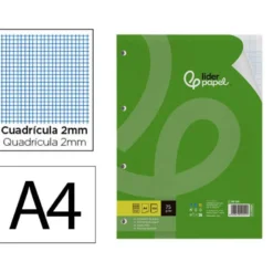 RECAMBIO LIDERPAPEL DIN A4 100 HOJAS 75 GR MILIMETRADO SIN MARGEN 4 TALADROS