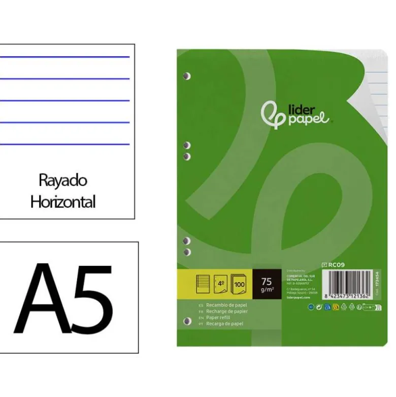 RECAMBIO LIDERPAPEL DIN A5 100 HOJAS 75 GR HORIZONTAL CON MARGEN 6 TALADROS