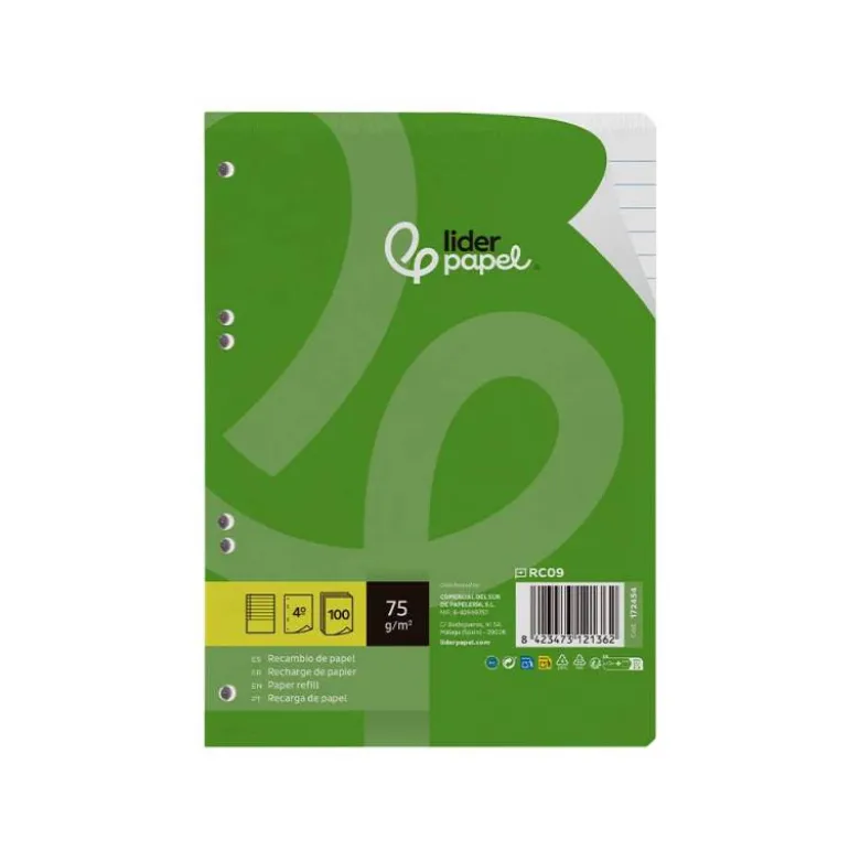 RECAMBIO LIDERPAPEL DIN A5 100 HOJAS 75 GR HORIZONTAL CON MARGEN 6 TALADROS