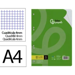 RECAMBIO LIDERPAPEL DIN A4 100 HOJAS 75 GR CUADRO 4 MM CON MARGEN 16 TALADROS