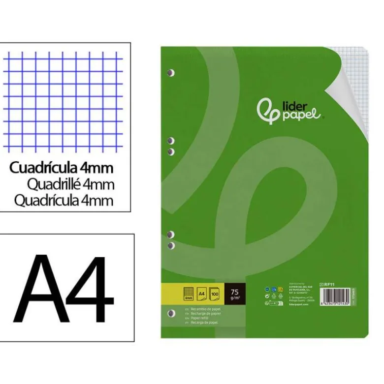 RECAMBIO LIDERPAPEL DIN A4 100 HOJAS 75 GR CUADRO 4 MM CON MARGEN 16 TALADROS