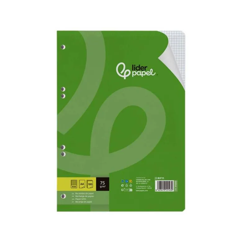 RECAMBIO LIDERPAPEL DIN A4 100 HOJAS 75 GR CUADRO 4 MM CON MARGEN 16 TALADROS