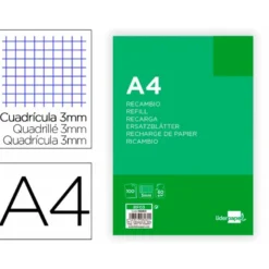 Recambio liderpapel DIN A4 100 hojas 60g/m2 cuadro 3 mm con margen 4 taladros
