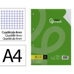 RECAMBIO LIDERPAPEL DIN A4 100 HOJAS 75 GR CUADRO 4 MM CON MARGEN 4 TALADROS