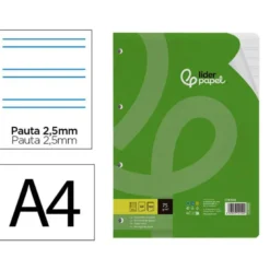 RECAMBIO LIDERPAPEL DIN A4 100 HOJAS 75 GR PAUTA 5 2.5MM CON MARGEN 4 TALADROS