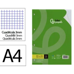 RECAMBIO LIDERPAPEL DIN A4 100 HOJAS 75 GR CUADRO 3 MM CON MARGEN 4 TALADROS