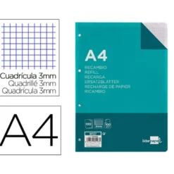 RECAMBIO LIDERPAPEL DIN A4 100 HOJAS 100G/M2 CUADRO 3MM CON MARGEN 4 TALADROS