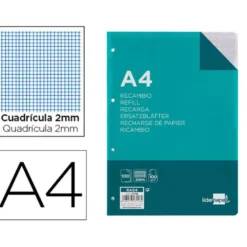Recambio Liderpapel din A4 4 taladros 100 gr cuadrícula 2mm