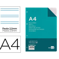 Recambio Liderpapel Din A4 4 taladros 100 gr pauta 2.5 mm
