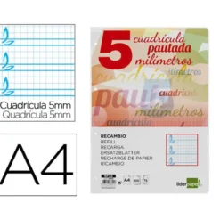 Recambio Liderpapel folio 4 taladros 80g cuadriculado pautado 5 mm