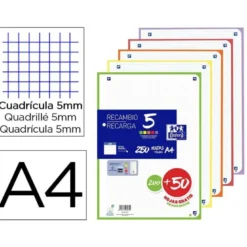 RECAMBIO OXFORD DIN A4 200+50 HOJAS GRATIS CUADRO 5 MM 4 TALADROS CON BANDA 5 COLORES VIVOS