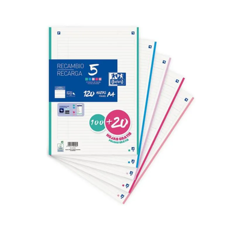 RECAMBIO OXFORD DIN A4 100 HOJAS + 20 HOJAS GRATIS 90GR HORIZONTAL 4 TALADROS CON BANDA COLORES PASTEL