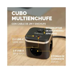 REGLETA FELLOWES CUBO MULTIENCHUFES 3 TOMAS CORRIENTE + 2XUSB C + A USB A COLOR NEGRO