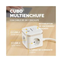 REGLETA FELLOWES CUBO MULTIENCHUFES 3 TOMAS CORRIENTE + 2XUSB C + A USB A COLOR BLANCO