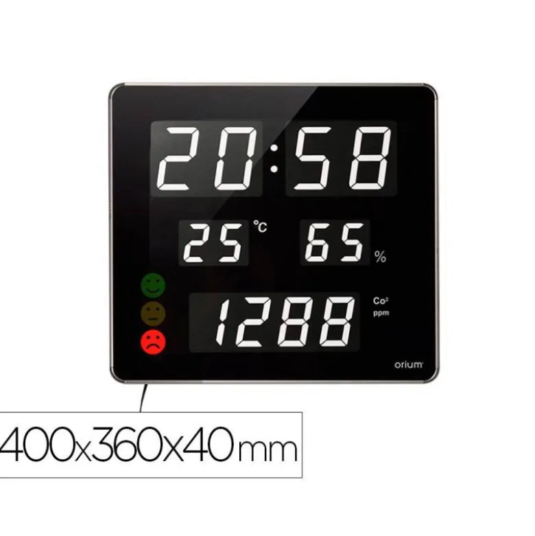 RELOJ ORIUM CEP CON MEDIDOR DE CO2 PANTALLA LED ALARMA PERSONALIZABLE Y SENSOR DE INFRARROJOS 400X360X40 MM