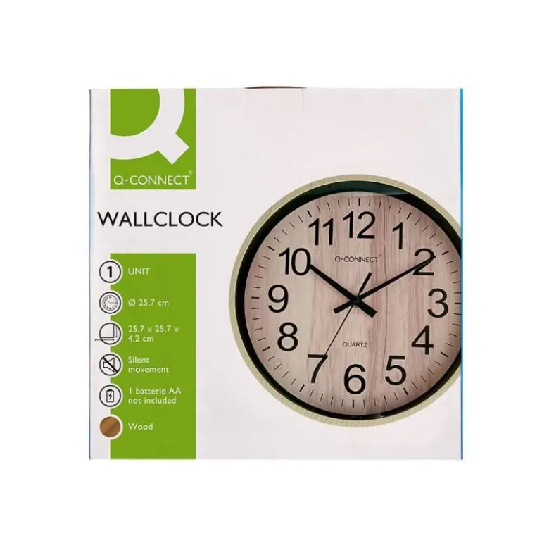 RELOJ Q-CONNECT DE PARED DE PLASTICO REDONDO 25,7 CM MOVIMIENTO SILENCIOSO COLOR MADERA NATURAL