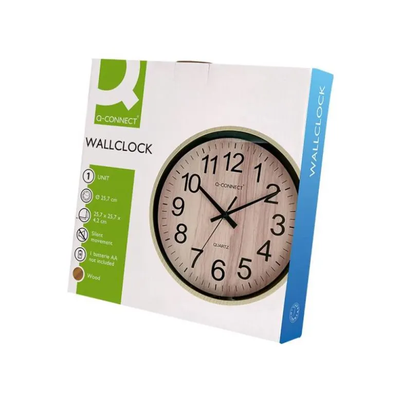 RELOJ Q-CONNECT DE PARED DE PLASTICO REDONDO 25,7 CM MOVIMIENTO SILENCIOSO COLOR MADERA NATURAL