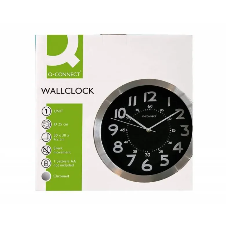RELOJ Q-CONNECT DE PARED METALICO REDONDO 25 CM MOVIMIENTO SILENCIOSO COLOR CROMADO CON ESFERA NEGRA