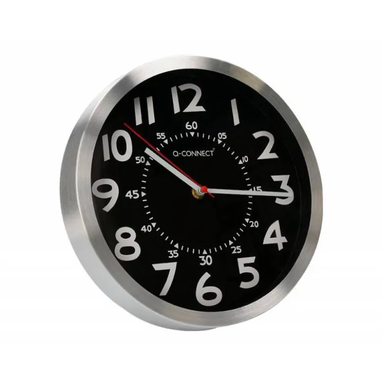 RELOJ Q-CONNECT DE PARED METALICO REDONDO 25 CM MOVIMIENTO SILENCIOSO COLOR CROMADO CON ESFERA NEGRA