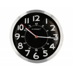 RELOJ Q-CONNECT DE PARED METALICO REDONDO 25 CM MOVIMIENTO SILENCIOSO COLOR CROMADO CON ESFERA NEGRA
