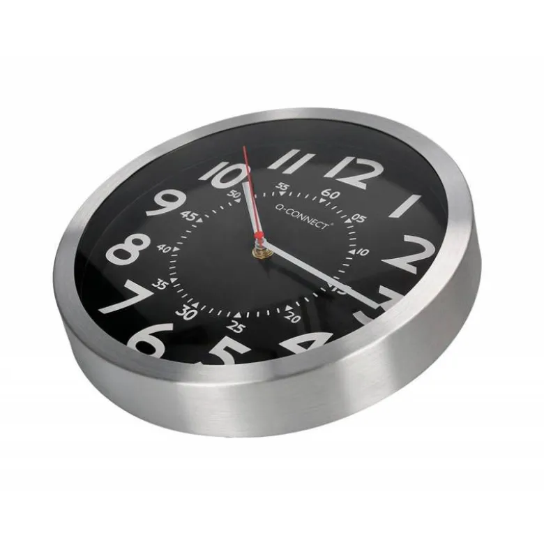 RELOJ Q-CONNECT DE PARED METALICO REDONDO 25 CM MOVIMIENTO SILENCIOSO COLOR CROMADO CON ESFERA NEGRA