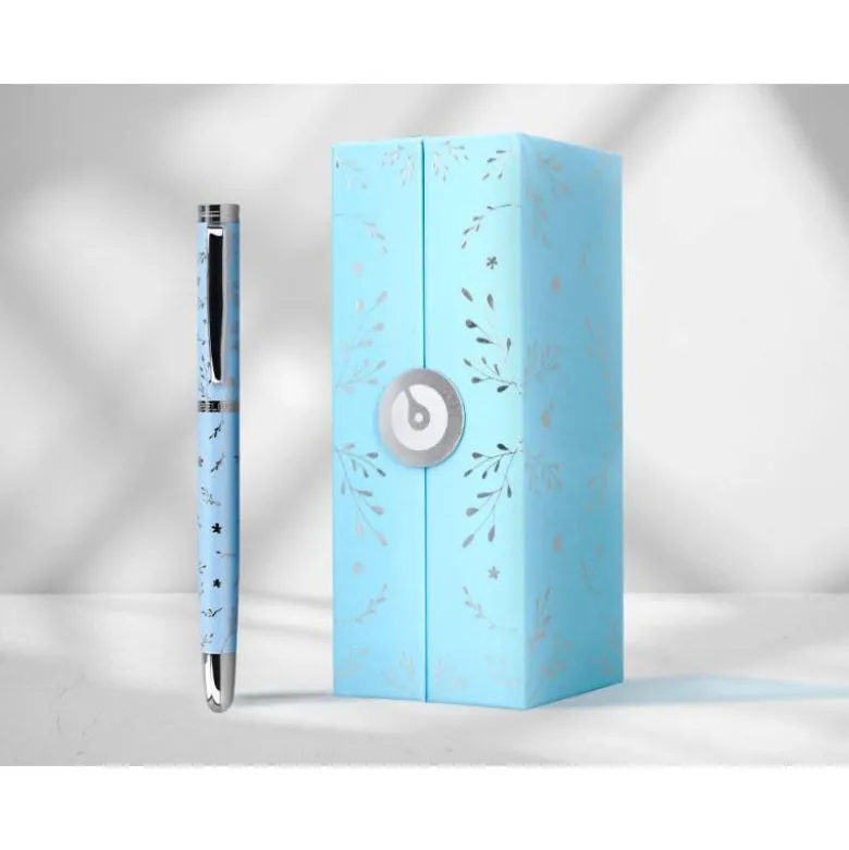 ROLLER BELIUS BELLA ALUMINIO COLOR AZUL CELESTE DISEÑO PLATEADO RELIEVE TINTA COLOR NEGRO CAJA DE DISEÑO