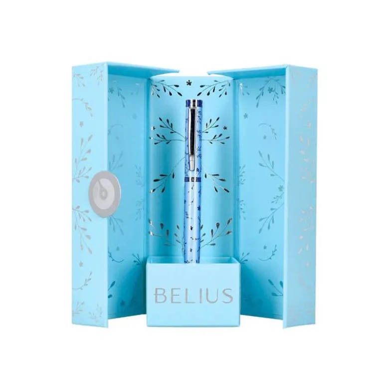 ROLLER BELIUS BELLA ALUMINIO COLOR AZUL CELESTE DISEÑO PLATEADO RELIEVE TINTA COLOR NEGRO CAJA DE DISEÑO